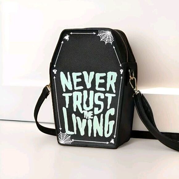 Never Trust The Living Coffin Purse Gothic Halloween Crossbody Handbag NEW - Picture 1 of 5
